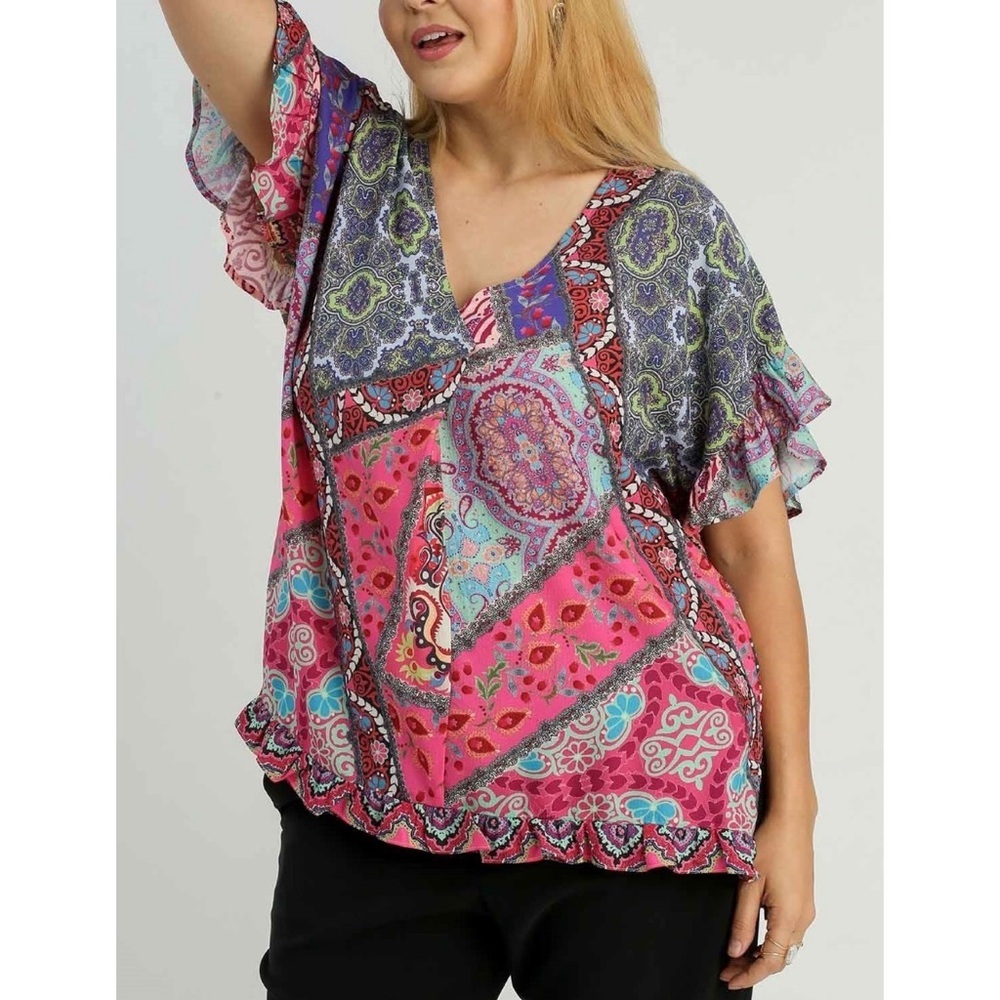Umgee Mix Print Top with Ruffled Sleeves in Pink Mix, size Large